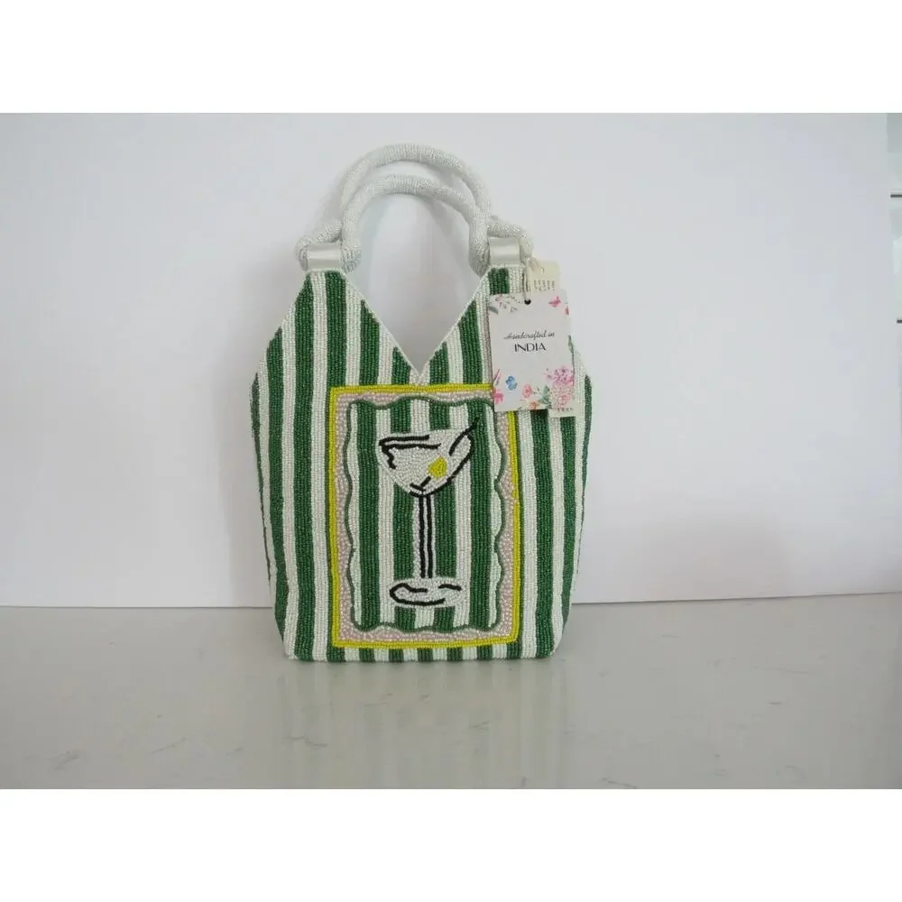 NWT Handcrafted in India Martini Beaded Bag Green & white Striped Tik Tok Viral - Picture 5 of 8